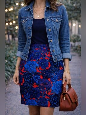 Ann Taylor Red & Blue Floral Pencil Skirt | Size 4P